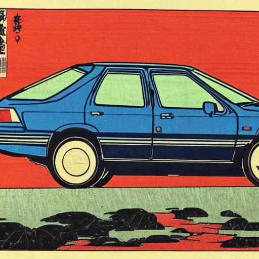 Image similar to japanese woodblock print of a 1 9 8 0 honda civic,