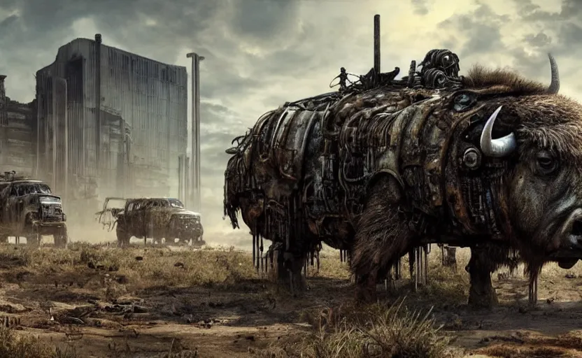 Prompt: a metallic cyborg buffaloes in a post apocalyptic swamp with ruins of a rationalist city, photorealistic render, mad max