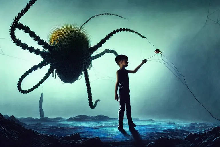 Image similar to realistic detailed photorealistic film portrait shot of a ghost kid playing with giant spider, futuristic sci-fi landscape on background by Denis Villeneuve, Amano, Yves Tanguy, Alphonse Mucha, Ernst Haeckel, Max Ernst, Andrei Tarkovsky, Edward Robert Hughes, Roger Dean, necklace, dynamic pose, rich moody colours, wide angle, blue eyes