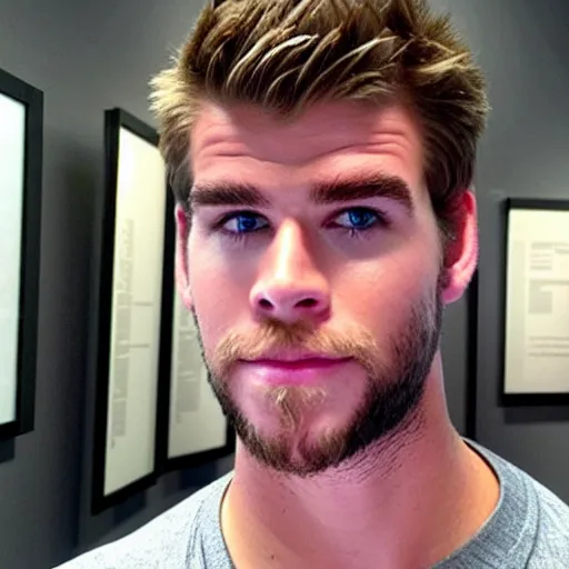 Image similar to “a realistic detailed photo of a guy who is an attractive humanoid who is half robot and half humanoid, who is a male android, actor Liam Hemsworth, shiny skin, posing like a statue, blank stare, at the museum, on display”