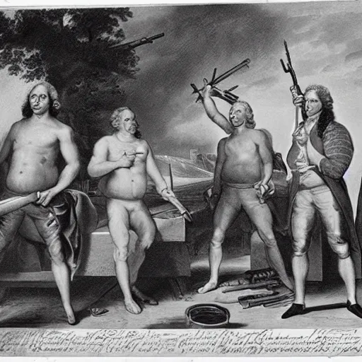 Prompt: shirtless American Founding fathers holding Bazookas and Grenade launchers