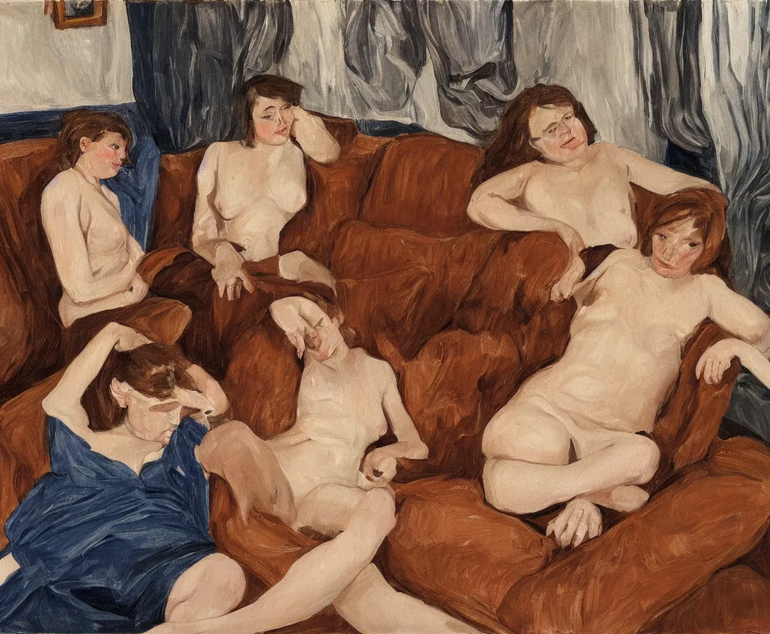 Image similar to two women, in an old english apartment on a brown leather sofa. one is wearing a dark blue sweather, the other a white shirt. brown hair, they are looking into the camera. wide shot. in the style of lucien freud. oil painting.