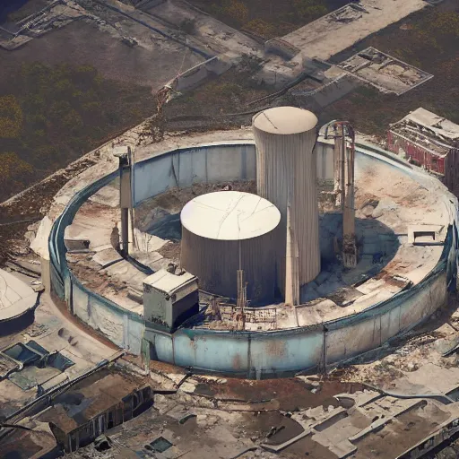 Image similar to top down aerial view of dilapidated nuclear plant with cooling tower in real life, desolate with zombies, dilapidated, zombies in the streets, nightmarish, some rusted style pipes, sunny weather, few clouds, volumetric lighting, photorealistic, daytime, autumn, sharp focus, ultra detailed, cgsociety