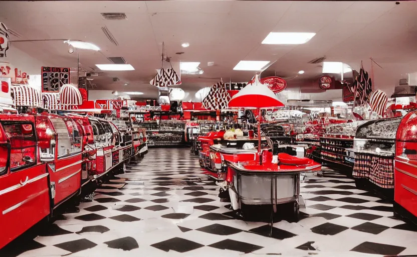 Image similar to interior of a 1950s style super market, retro equipment, red, black and white checkered patterns, us style