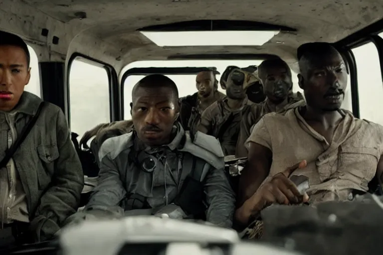 Image similar to movie diverse interracial team of Japanese robbers armed with rifles interior clean futuristic tactical van, beautiful skin, Symmetrical faces. natural lighting by Emmanuel Lubezki