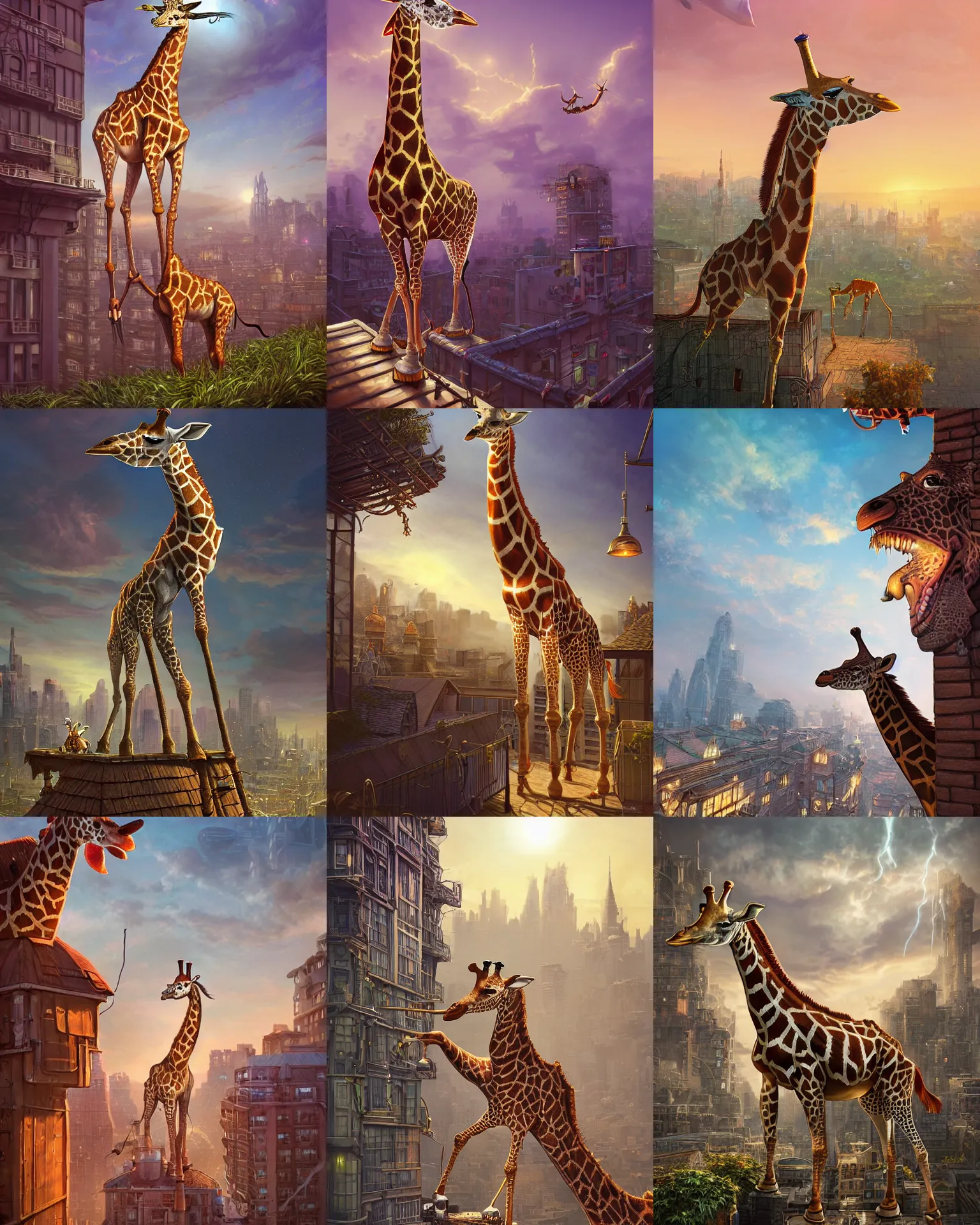 Prompt: kids fantasy sketch giraffe on rooftop, fantasy, intricate, epic lighting, cinematic composition, hyper realistic, 8 k resolution, unreal engine 5, by artgerm, tooth wu, dan mumford, beeple, wlop, rossdraws, james jean, marc simonetti, artstation