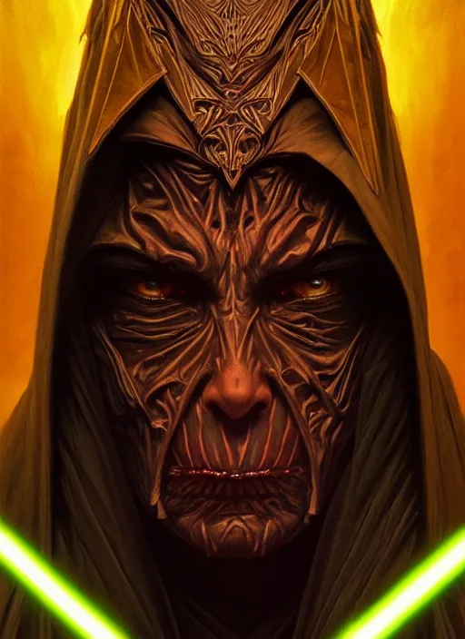 Image similar to portrait of an evil sith-lord, human face, evil yellow eyes, enraged, angry, dark evil robes, intricate, elegant, highly detailed, digital painting, artstation, concept art, smooth, sharp focus, illustration, art by artgerm and greg rutkowski and alphonse mucha