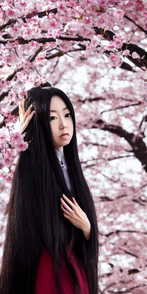 Image similar to a beautiful detailed render of an attractive japanese female with long black hair covering part of her face and wearing a seifuku, standing next to a beautiful cherry blossom tree, centered, trending on artstation and deviantart and behance, extreme detailing, dim dusk lighting, cinematic lighting, detailed lighting, volumetric lighting, realistic, f 8, 4 k hd wallpaper