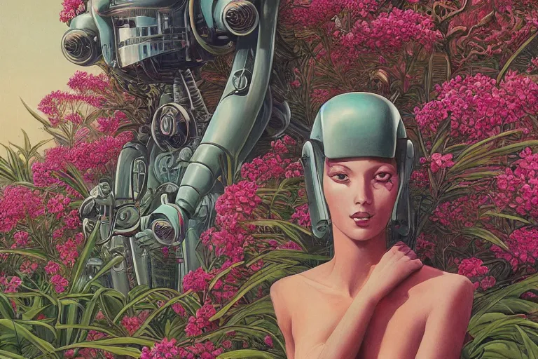 Image similar to evangelionic illustration, gigantic girl head, a lot of exotic vegetation, trees, tremendous pleasure robot, flowers, oldschool vintage sci - fi flat surreal design, super - detailed, oil painting by moebius, hd, 4 k, high quality