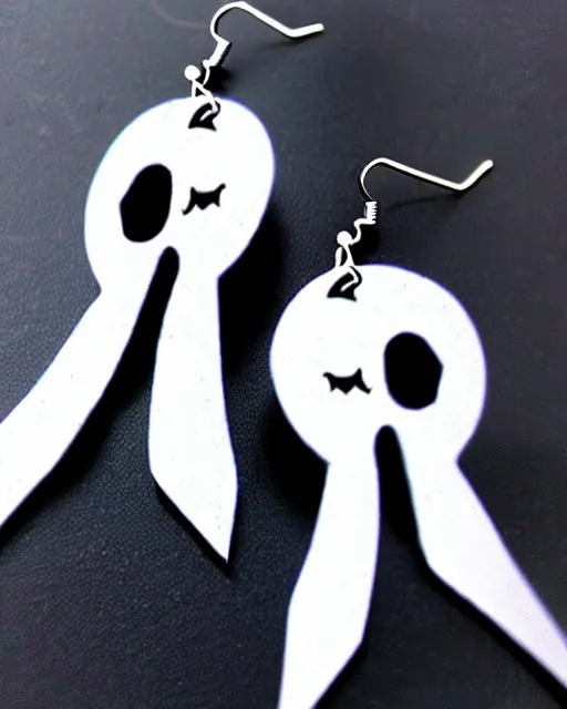 Image similar to spooky cartoon ghost, 2 d lasercut earrings, in the style of tim burton