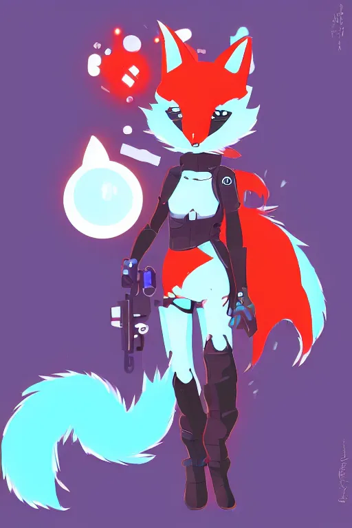 Image similar to a cute cyberpunk anthropomorphic fox with light blue fur and a fluffy tail, comic art, trending on furaffinity, cartoon, kawaii, backlighting, furry art!!!, cel shading, concept art, lineless