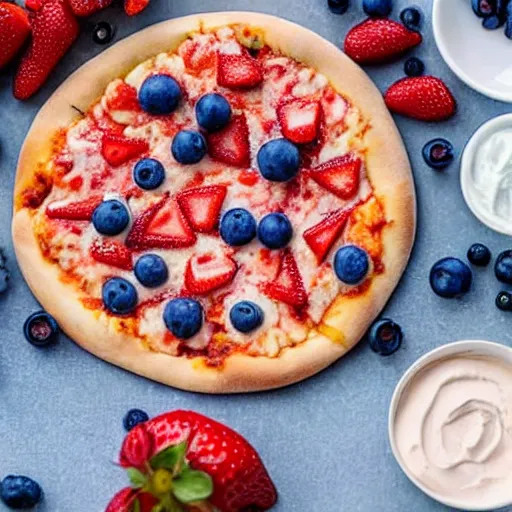 Prompt: a photograph of a professionally baked pizza topped with strawberries, blueberries, pickles, and ranch dressing