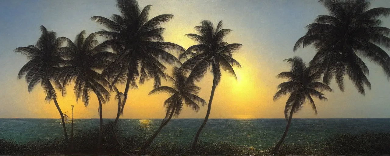 Prompt: surreal oil painting of a sri lankan landscape at sunset, coconut trees in the foreground, ocean sunset in the background, volumetric lighting, volumetric shadows, realistic oil painting by gustave dore, - h 6 4 0,