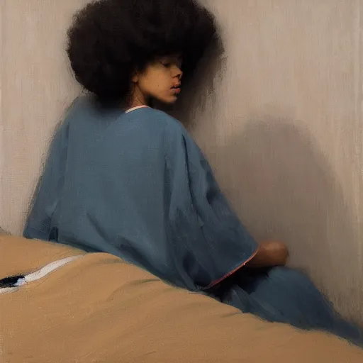 Prompt: girl with afro, in kimono, backview, sitting on edge of bed, by jeremy lipking, tim rees, joseph todorovitch