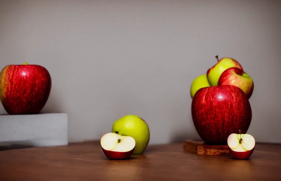 Image similar to an apple is sitting on the table of a 1 9 5 0 s era kitchen, sigma lens, strong bokeh, photography, highly detailed, 8 5 mm, f / 1. 3, dramatic lighting, 4 k