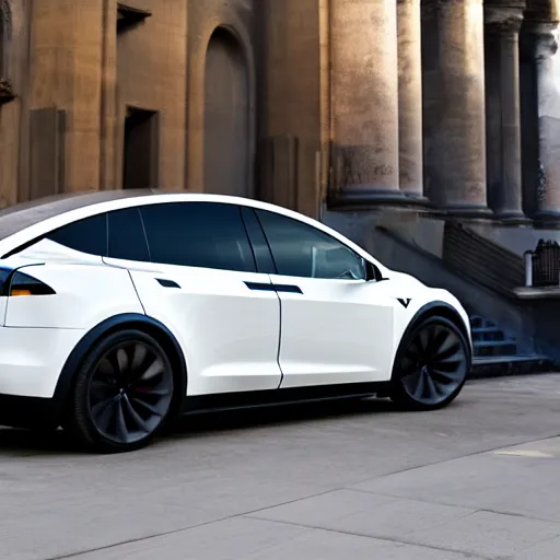 Image similar to full length wide angel shot of a Tesla Model X as a limousine, realistic photo, f/1.8 HDR