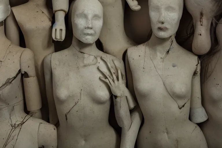 Prompt: vfx movie scene dilapidated mannequins closeup by emmanuel lubezki