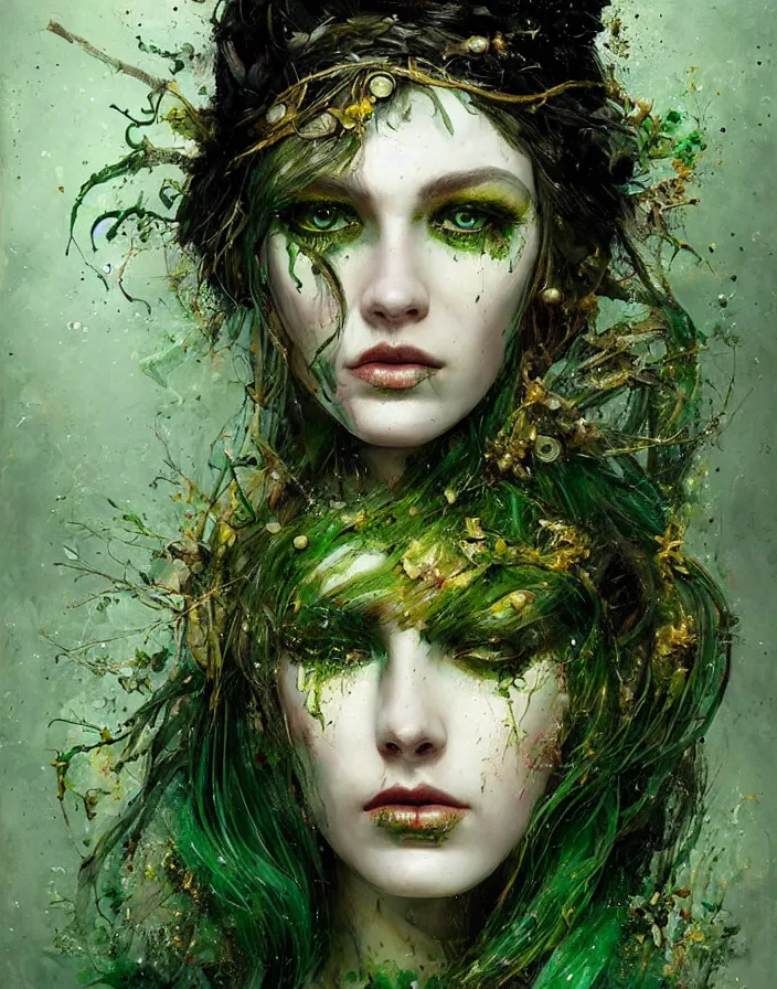 Prompt: a splatterpunk portrait of a gorgeous woman with eldritch woven hair and green and gold twigs and feathers for hair, with green glossy lips, hyperrealistic, award-winning, in the style of Tom Bagshaw, Cedric Peyravernay