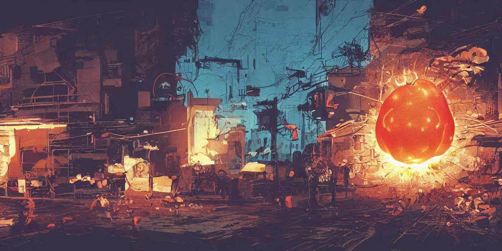 Image similar to a computer exploding, a mouse is rioting, a chicken is cooking, a cardboard box is filled with oranges, dramatic masterpiece digital painting by Beeple, James Jean, Jamie Hewlett, Metal Slug concept art, Metal Gear Solid concept art, Silent Hill concept art, 4k wallpaper, surrealism