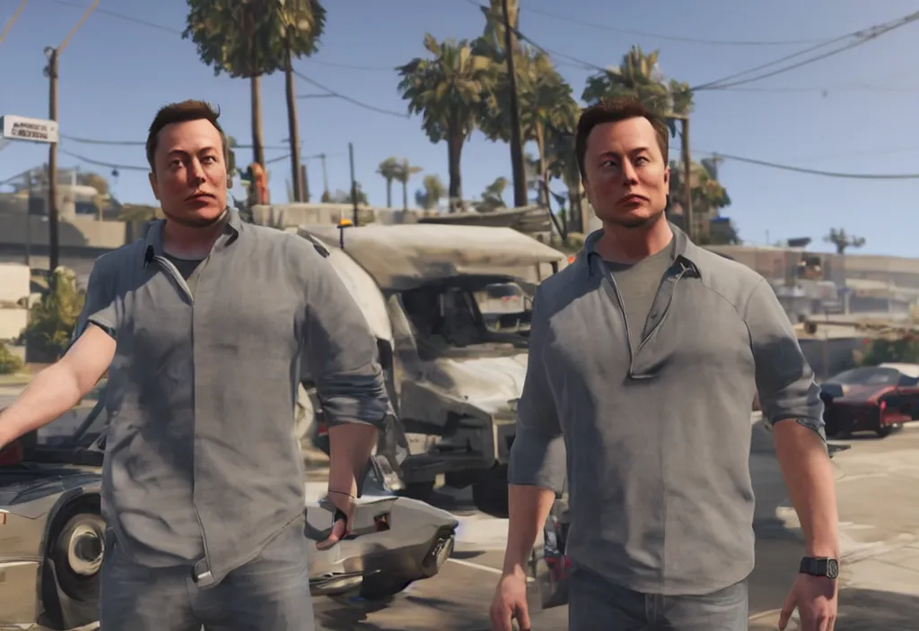 Image similar to elon musk in the video game in gta 5, gameplay screenshot, close up, 3 d rendering. unreal engine. amazing likeness. very detailed.