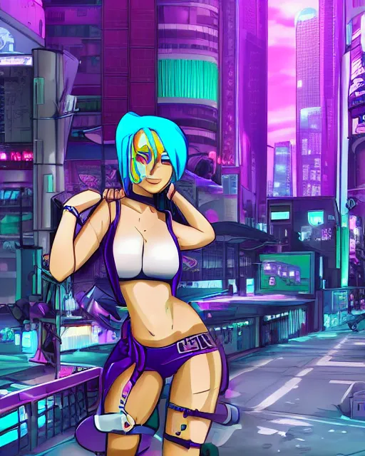 Image similar to cel shaded art of a pretty blue haired girl standing next to a purple lamborghinil, jet grind radio graphics, cyberpunk city street background