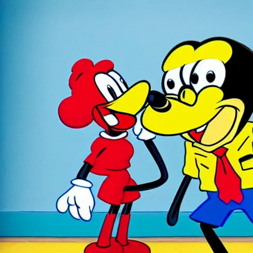 Prompt: spongebob kissing mickey realistic