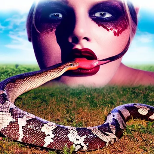 Prompt: realistic photograph of a snake crawling out of a woman's mouth (red lipstick) in a space suit amongst a vast field of start