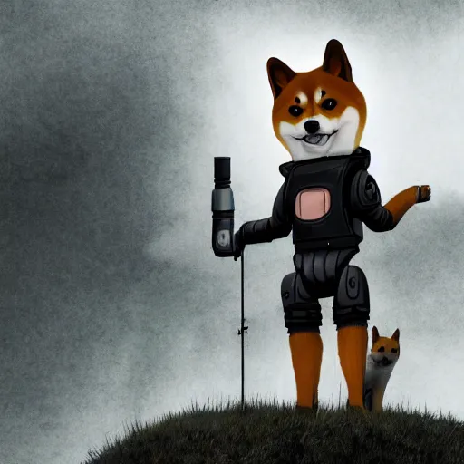 Image similar to photorealistic anthropomorphic shiba inu on hill, wearing cyber robotic black exoskeleton power armor without helmet, holding laser gatling gun, post apocalyptic horror photorealistic foggy graveyard background anthropomorphic shiba inu on hill