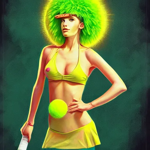Image similar to Lofi vaporwave portrait beautiful tennis ball monster diva model, dress, bikini, chalk, Pixar style, Tristan Eaton, Stanley Artgerm, Tom Bagshaw, Basil Gogos