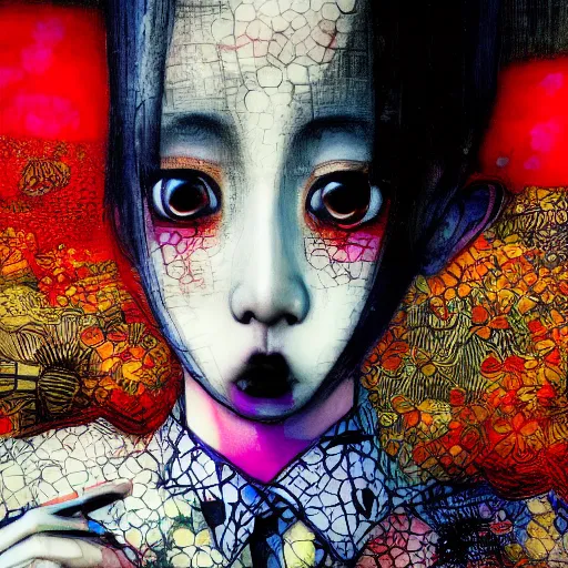 Image similar to yoshitaka amano blurred and dreamy realistic three quarter angle portrait of a k - pop idol with black lipstick and black eyes wearing dress suit with tie, junji ito abstract patterns in the background, satoshi kon anime, noisy film grain effect, highly detailed, renaissance oil painting, weird portrait angle, blurred lost edges