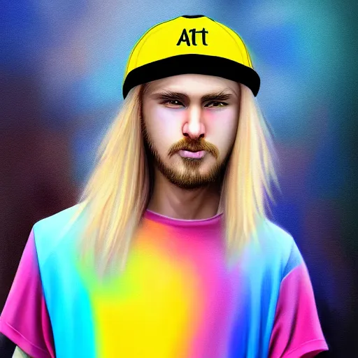 Prompt: colorful painting of a man with long blond hair with a colorful baseball cap for kids, matte painting, trending on art station, ultra - detailed, hq