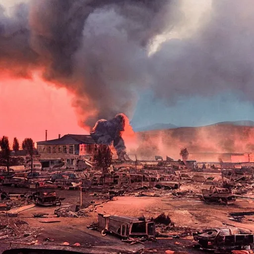 Prompt: politics, destroyed american landscape and buildings, dystopian, war, real, bright blue smoke, red clouds, detailed, award winning, masterpiece