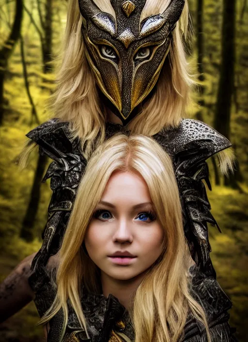 Image similar to photo of a cute blonde girl in a dark forest wearing animal skin armor, realistic, sharp focus, 8 k high definition, insanely detailed, intricate, elegant, artgerm, greg kutkowski, high contrast dramatic lighting