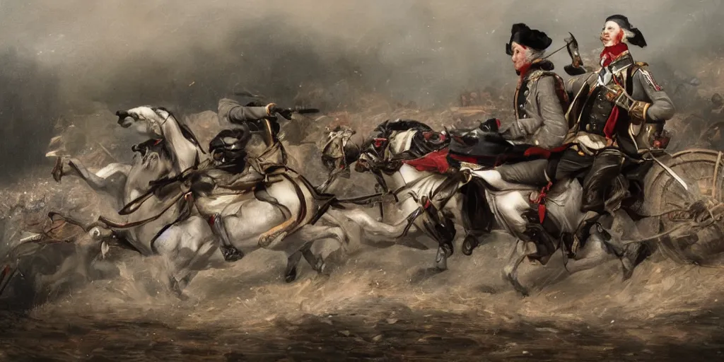 Image similar to George Washington rides a motorcycle to attack the British army in the revolutionary war, epic, cinematic, concept Art, detailed, 4K