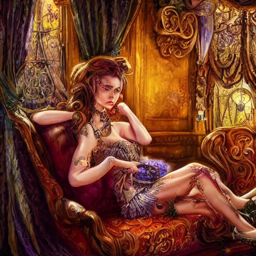 Prompt: a beautiful female is sitting on her living room couch. She is dressed casually and is watching TV, Regal, Realistic, Refined, Detailed Digital Art, Josephine wall, Oil Painting, Steampunk, Highly Detailed, Cinematic Lighting, Unreal Engine, 8k, HD