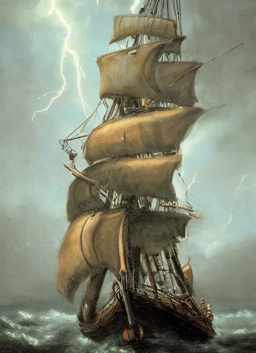 Image similar to mid shot portrait of a male pirate with two peglegs and two hook hands in foreground, fat obese pirate with beard, steering the rudder wheel of a wooden galleon tall ship of the line through a rain and lightning storm. view from on deck, sails masts rigging ropes pulleys, detailed dynamic light painting by peter mohrbacher