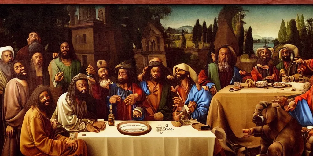 Image similar to a portrait of mac dre, e 4 0, keak da sneak, and the cut throat committee at the table like the last supper by leonardo da vinci. mac dre sits at the center. to his left, in the position of judas, is tech 9.