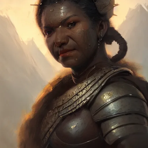 Image similar to masterpiece closeup portrait of a Dwarven woman with dark black skin, brown eyes, wearing armor, by Greg Rutkowski, 4k, matte painting, dungeons and dragons, detailed