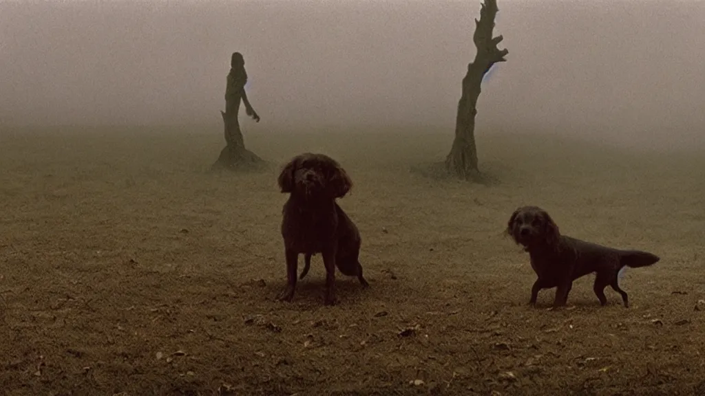 Image similar to the dog who waits outside, film still from the movie directed by denis villeneuve and david cronenberg with art direction by salvador dali and zdzisław beksinski, wide lens