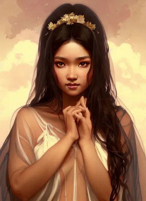 Image similar to cute brown woman wearing a transparent night gown and hanfu face veil, fantasy, intricate, highly detailed, digital painting, artstation, concept art, wallpaper, smooth, sharp focus, illustration, art by artgerm and greg rutkowski and alphonse mucha