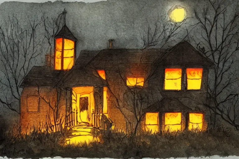 Prompt: old abandoned house on halloween night, pumpkins lit on the porch, colored pencil ink wash by scott wills and ashley wood