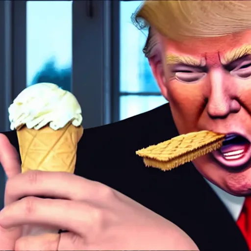 Image similar to Donald Trump eating a 99 flake ice cream, realistic artstyle, wide shot, dramatic lighting, octane render, hyperrealistic, high quality, highly detailed, HD, beautiful, cinematic, 8k, unreal engine, facial accuracy, symmetrical