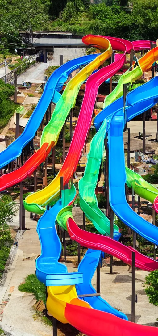 Image similar to waterslides of multiple colors crossing over eachother, infinite waterslides,
