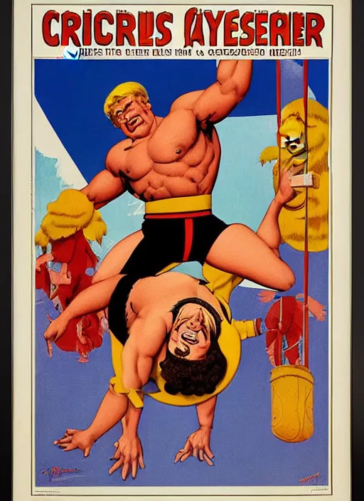 Prompt: poster for circus wrestler. portrait by clyde caldwell and jean giraud and anton otto fischer and john philip falter and will eisner and gil elvgren