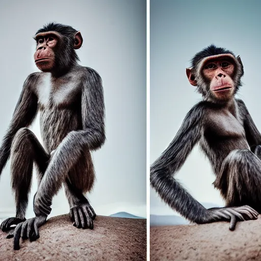 Prompt: Contamporary art fashion photography of ultra mega super hyper realistic detailed group of ultra mega super hyper realistic detailed monkey's in ultra mega super hyper realistic detailed suits, standing near very highly detailed stainless steel monolith situated in the desert. Photo shot on ultra mega super hyper Leica Q2 Camera