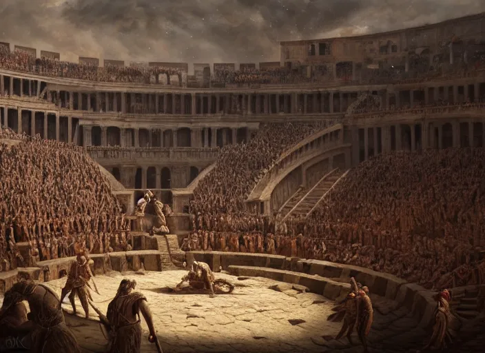 Prompt: a historical depiction of an epic scene beneath the roman coliseum filled with dueling gladiators, spectators, in the style of greg rutkowski and remedios varo, digital painting, photorealistic, ornately detailed, unreal engine, extremely detailed masterpiece, illustration, trending on artstation