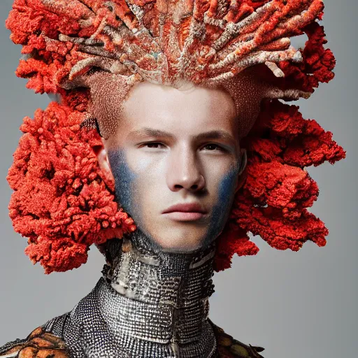 Image similar to a portrait of a beautiful young male wearing an alexander mcqueen armor made of coral reef , photographed by andrew thomas huang, artistic