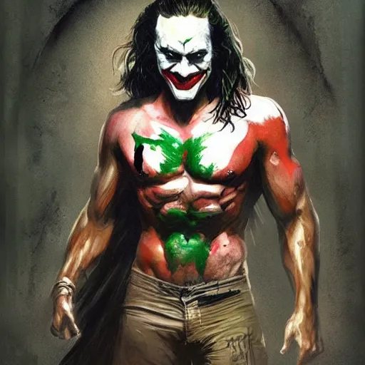 Image similar to jason momoa as joker, full body, dynamic pose, painted by greg rutkowski