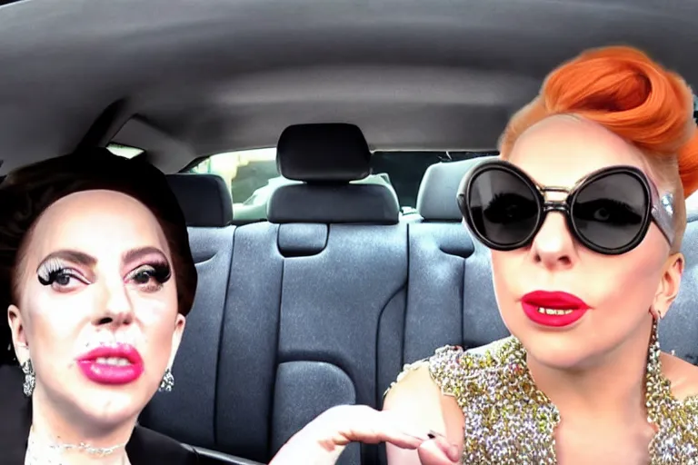 Image similar to lady gaga and judy garland carpool karaoke, highly realistic, highly detailed, high resolution, 8 k 4 k,