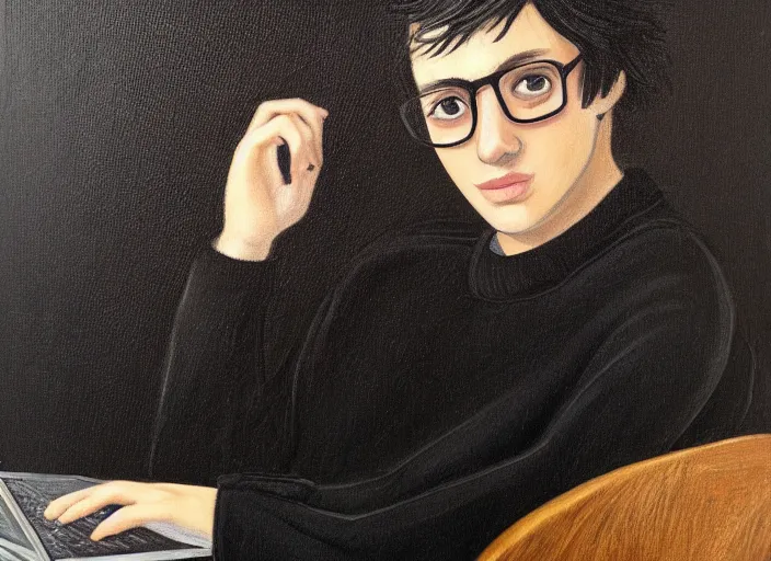 Prompt: portrait painting of a shaggy black haired teenager!!! with glasses, an olive colored sweater and a black jean, with a laptop on his lap, full body, renaissance!!! painting!!!, ultra detailed, masterpiece, framed